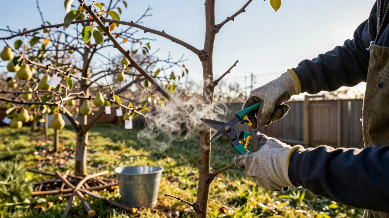 Pessoa podando uma árvore frutífera com tesoura de poda em pomar ao amanhecer.