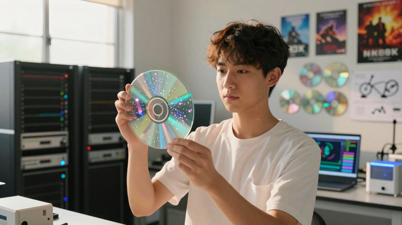 Jovem segurando um CD diante de equipamento de informática em ambiente de escritório tecnológico.