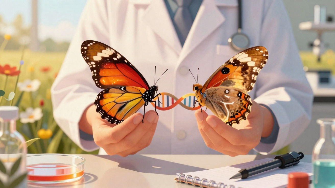 Cientista segurando duas borboletas conectadas por uma fita em espiral de DNA em laboratório.