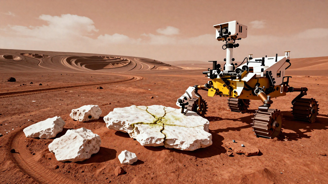 Rover explorando solo avermelhado de Marte com grandes pedras e terreno árido ao fundo.