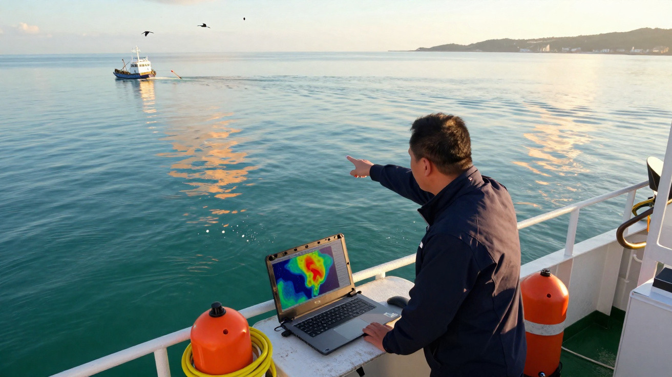 Homem em barco com laptop mostrando mapa de calor aponta para barco ao longe no mar calmo.