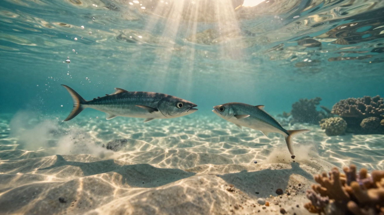 Dois peixes nadando próximos ao fundo arenoso com raios de sol penetrando na água clara do oceano.