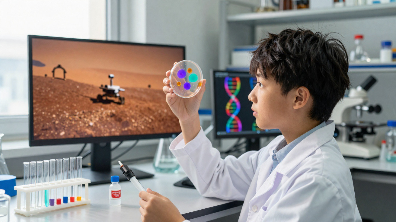 Criança cientista em laboratório observa placa de petri colorida com imagens de Marte e DNA ao fundo.