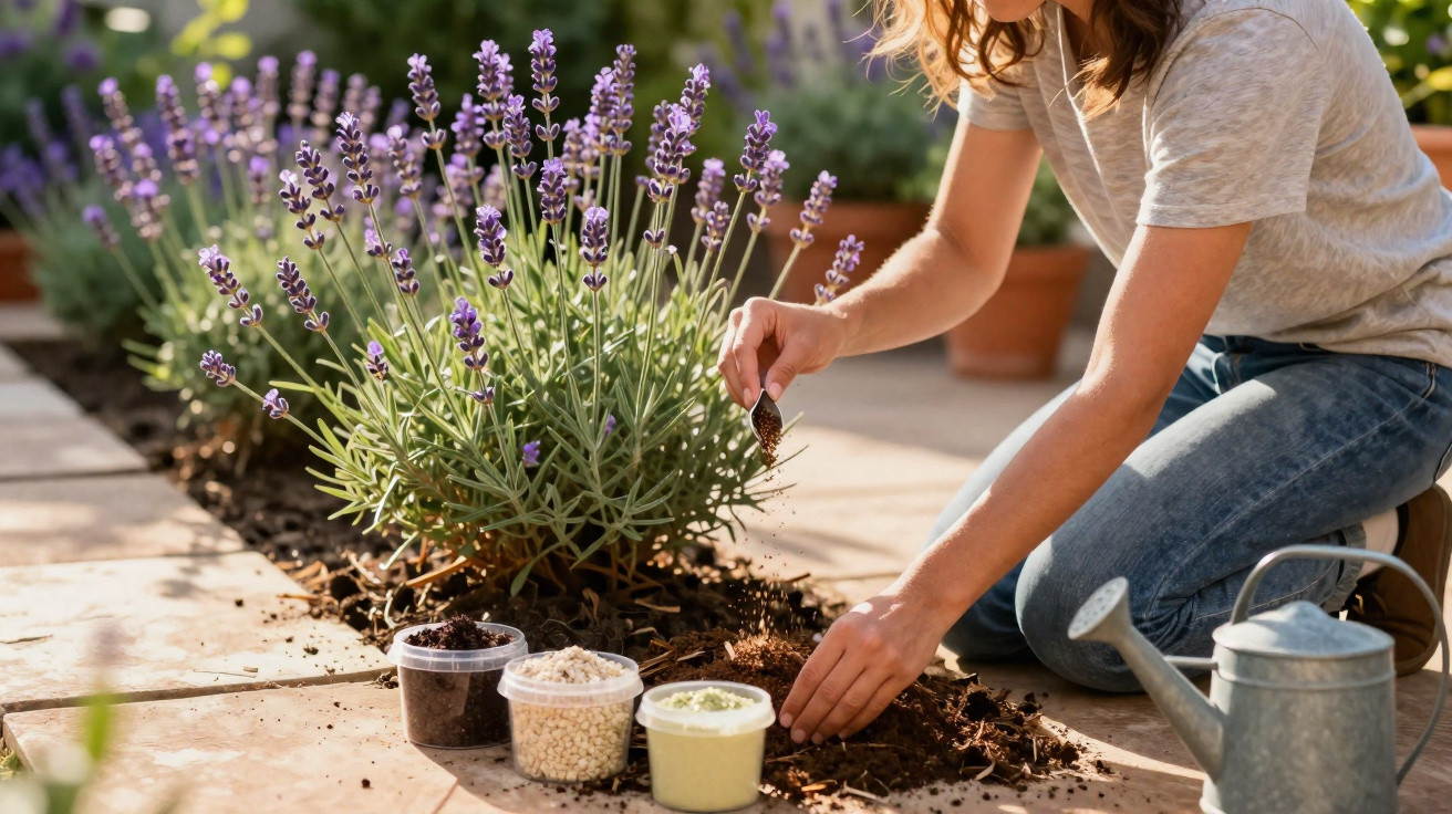 Pessoa plantando muda perto de lavanda com regador e potes de sementes ao lado.