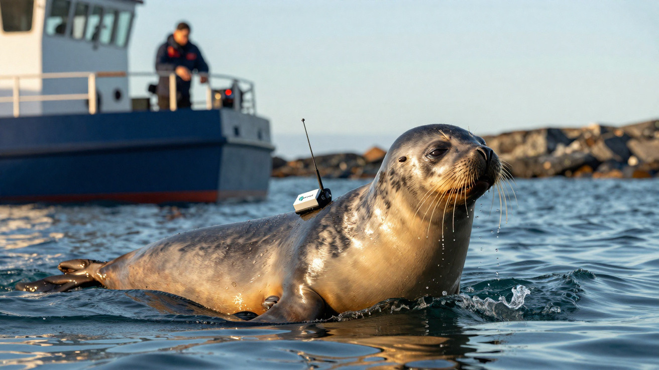 Foca com dispositivo rastreador presa no corpo, nadando no mar próximo a um barco com pessoa abordo.