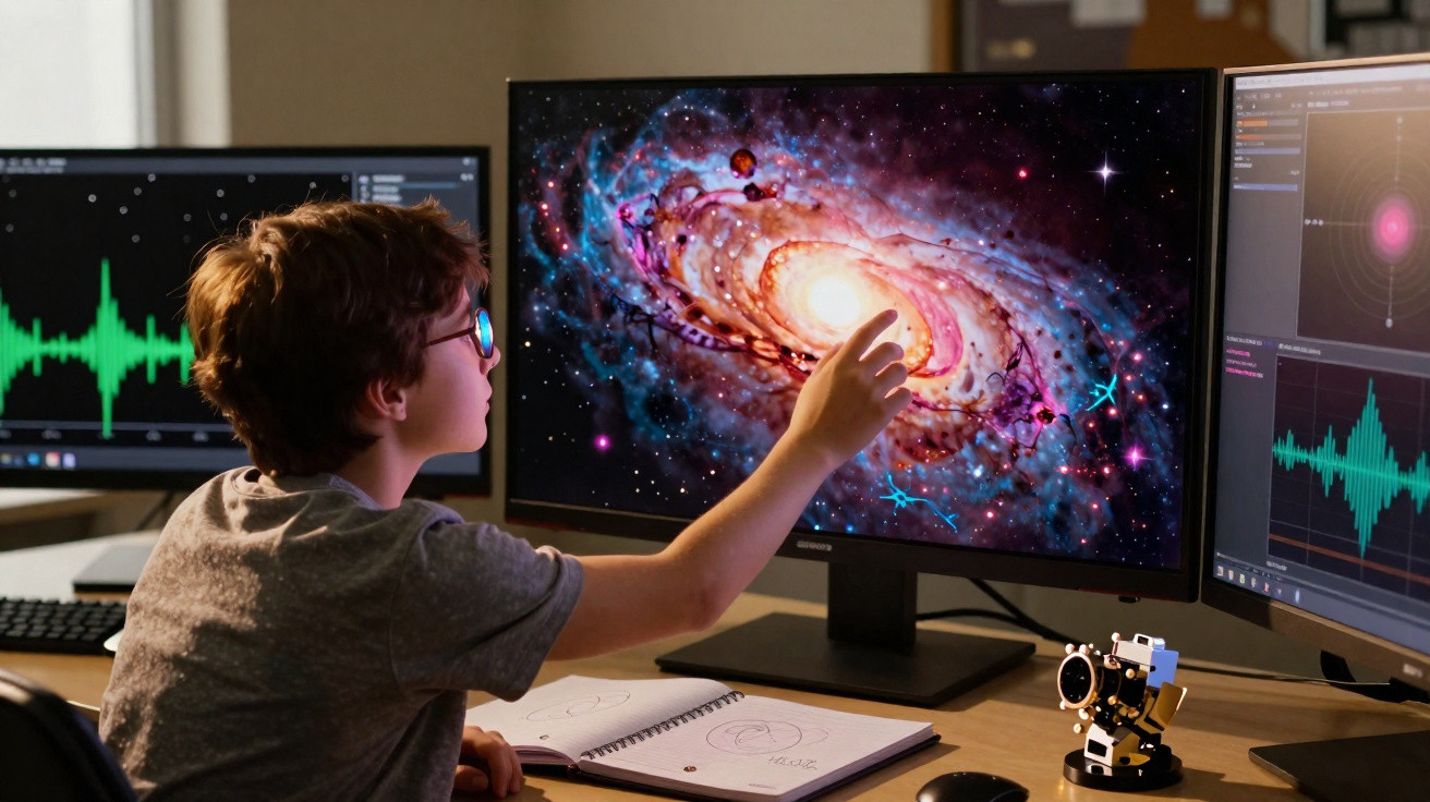 Criança apontando para imagem de galáxia colorida em monitor, com outros monitores e caderno na mesa.