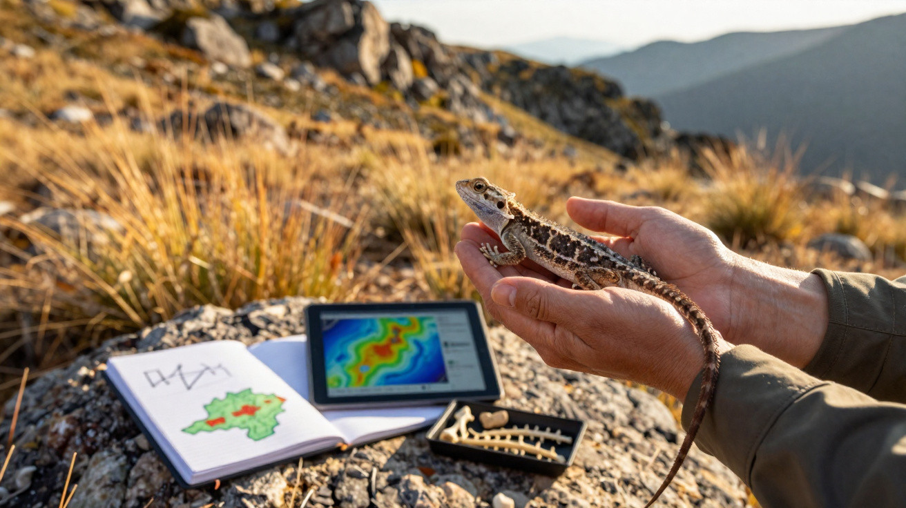 Pessoa segurando lagarto em ambiente rochoso com caderno, tablet e esqueleto do animal sobre pedra.