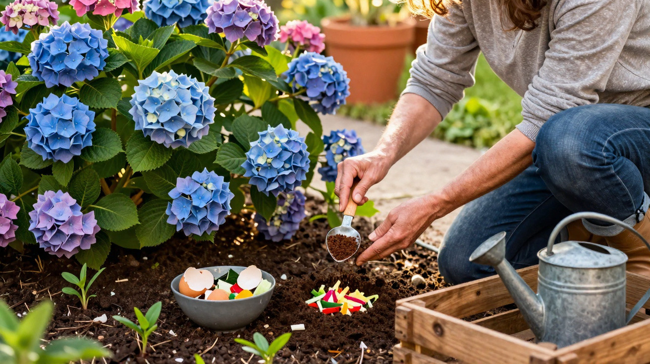Pessoa adiciona fertilizante em solo perto de hortênsias coloridas em jardim ensolarado.