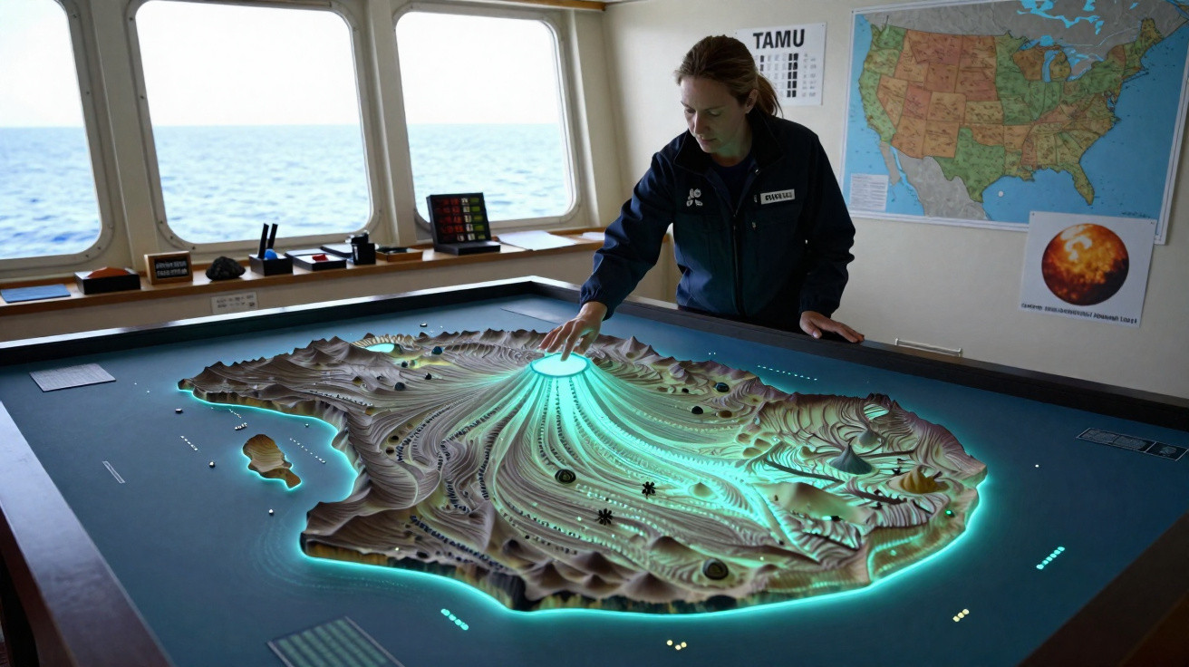 Mulher interage com maquete iluminada em mesa de controle dentro de navio, mapa dos EUA ao fundo.
