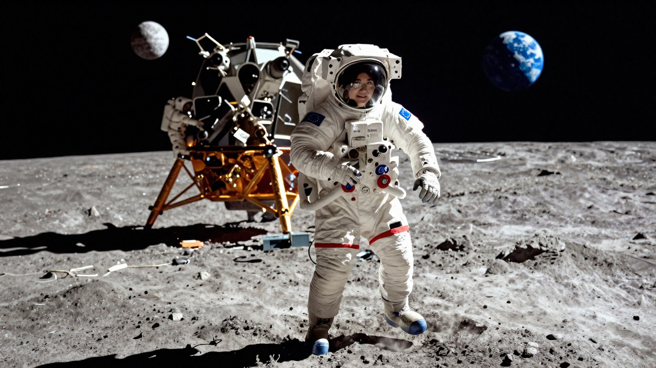 Astronauta em traje espacial na superfície lunar com módulo lunar ao fundo e Terra visível no céu.