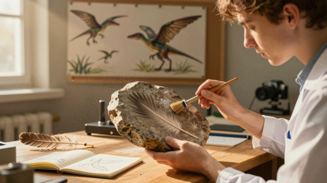 Jovem cientista limpando fóssil de pena em formação rochosa, com desenhos de dinossauros no fundo.