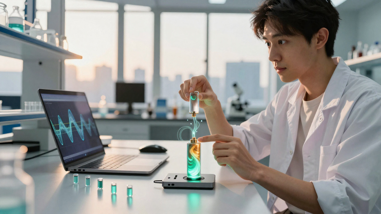 Jovem cientista em laboratório realiza experimento com tubos de ensaio e laptop moderno.