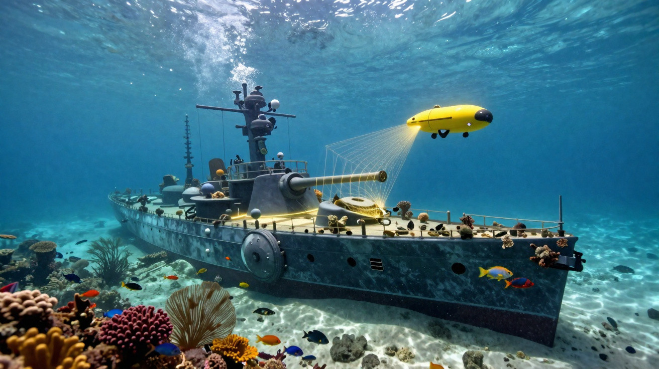 Submarino amarelo explorando naufrágio de navio de guerra no fundo do mar com peixes e corais.