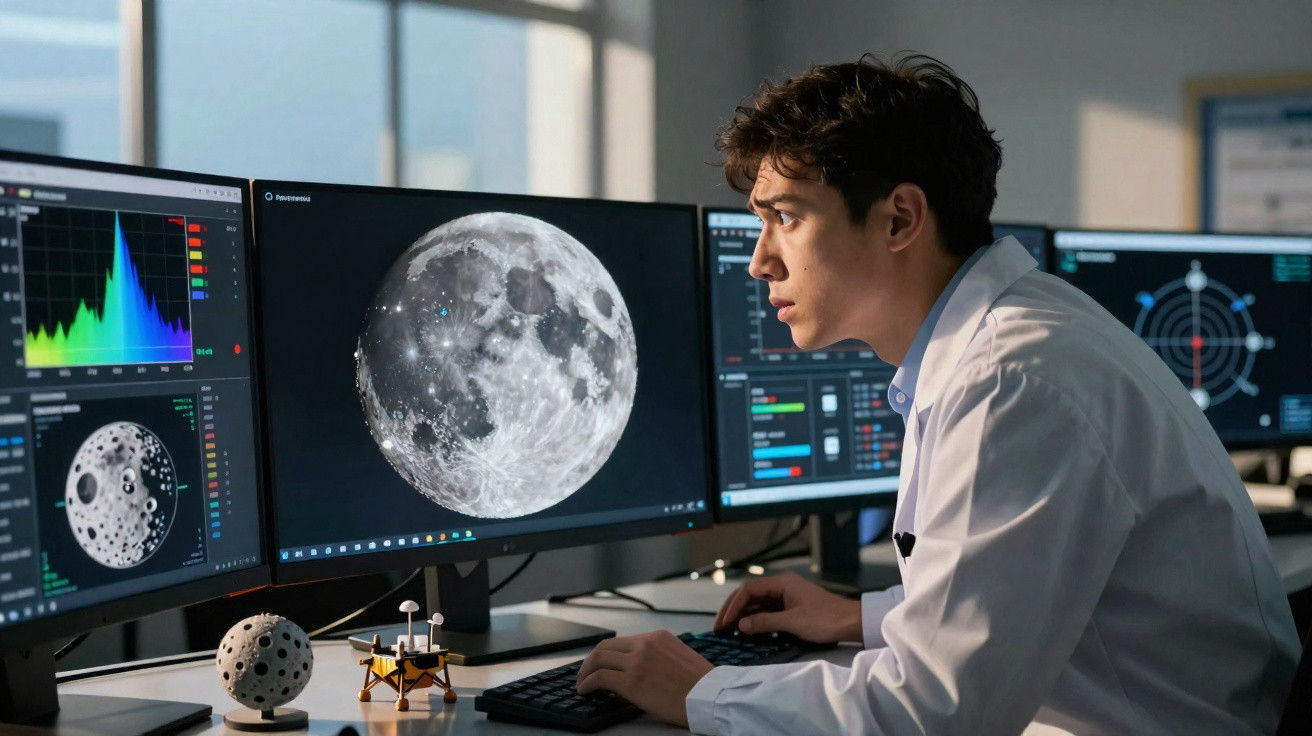 Jovem cientista em jaleco trabalhando em imagens e dados da Lua em múltiplos monitores.