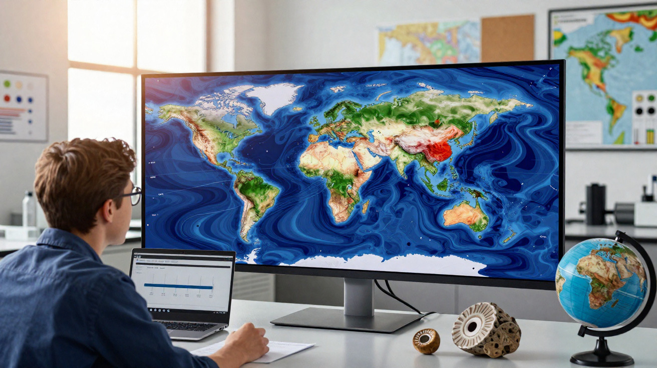 Homem em escritório observa mapa mundial em monitor grande, com globo terrestre sobre mesa.
