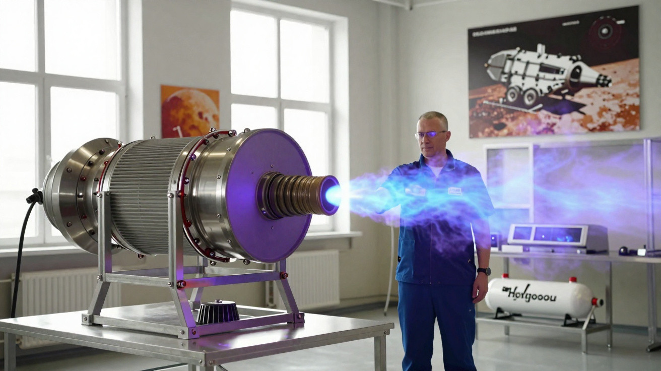 Homem operando equipamento científico que emite fluxo de energia azul em laboratório tecnológico.