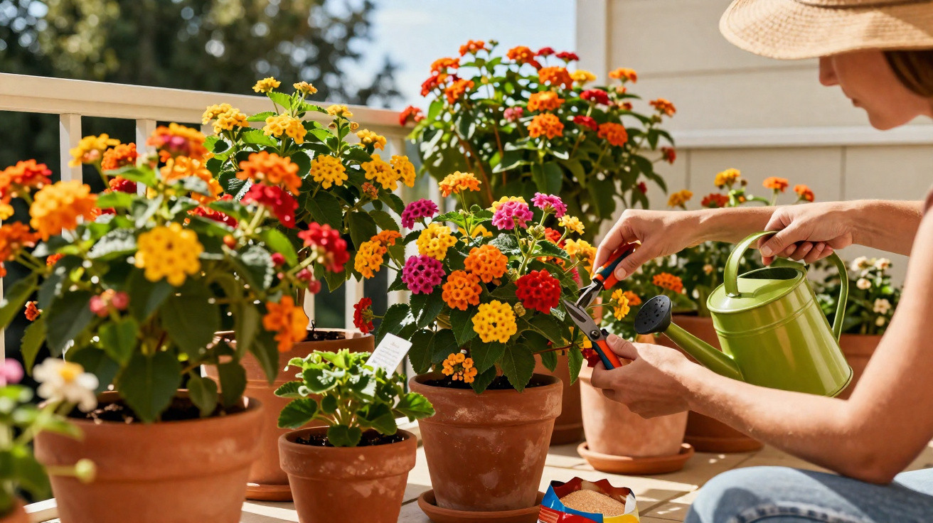 Pessoa cuidando de plantas com flores coloridas em vasos de barro na varanda ensolarada.