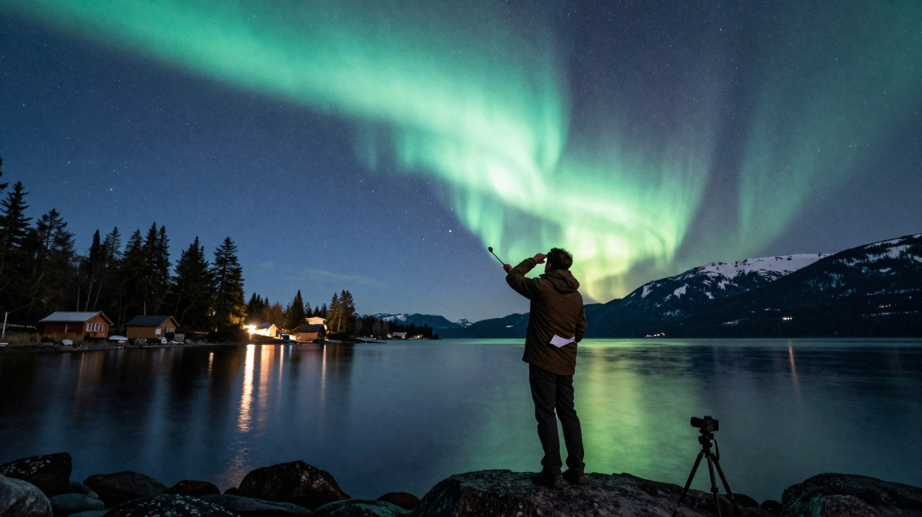 Pessoa fotografando aurora boreal verde sobre lago com montanhas e casas ao fundo durante a noite.