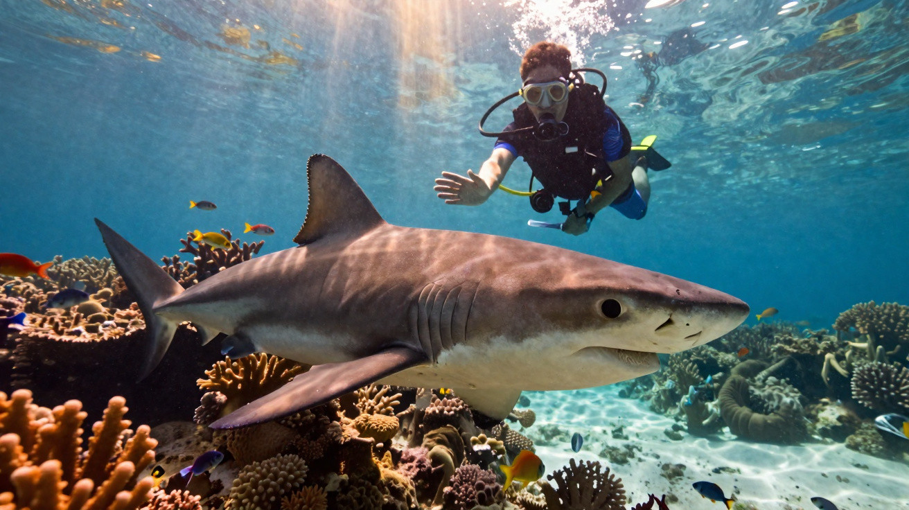 Mergulhador interage com tubarão nadando próximo a corais e peixes coloridos em água cristalina.