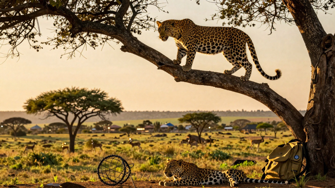 Onça-pintada em galho de árvore e outra no chão, com vegetação e savana ao fundo ao entardecer.