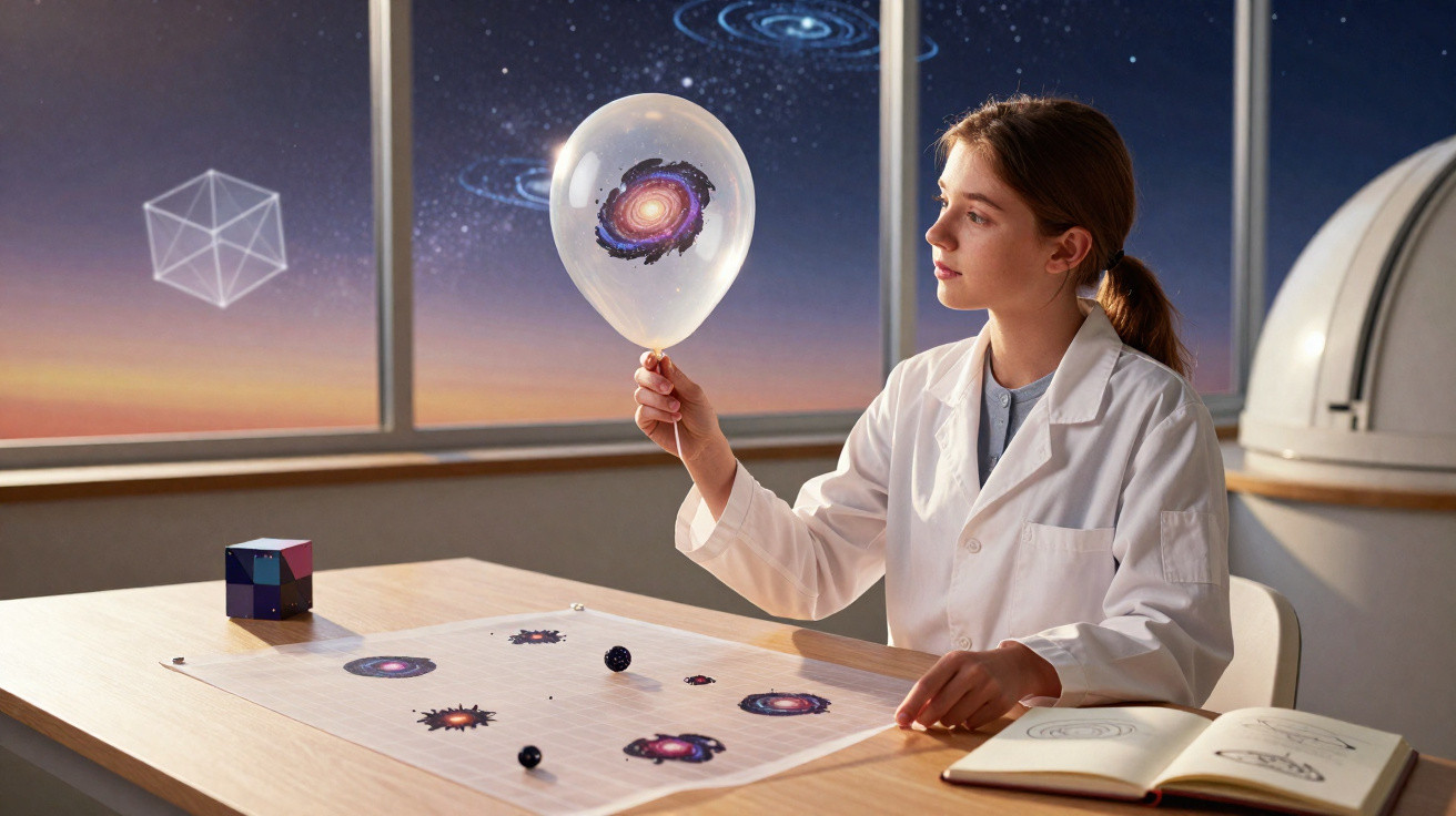 Menina com jaleco branco segura balão com imagem de galáxia, estudando astronomia em sala com céu estrelado.