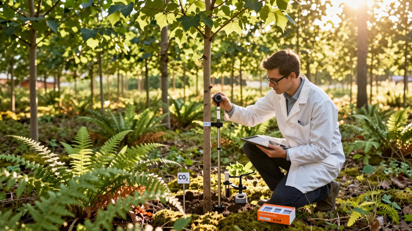 Pesquisador medindo dióxido de carbono no solo de plantação em estufa ao amanhecer.