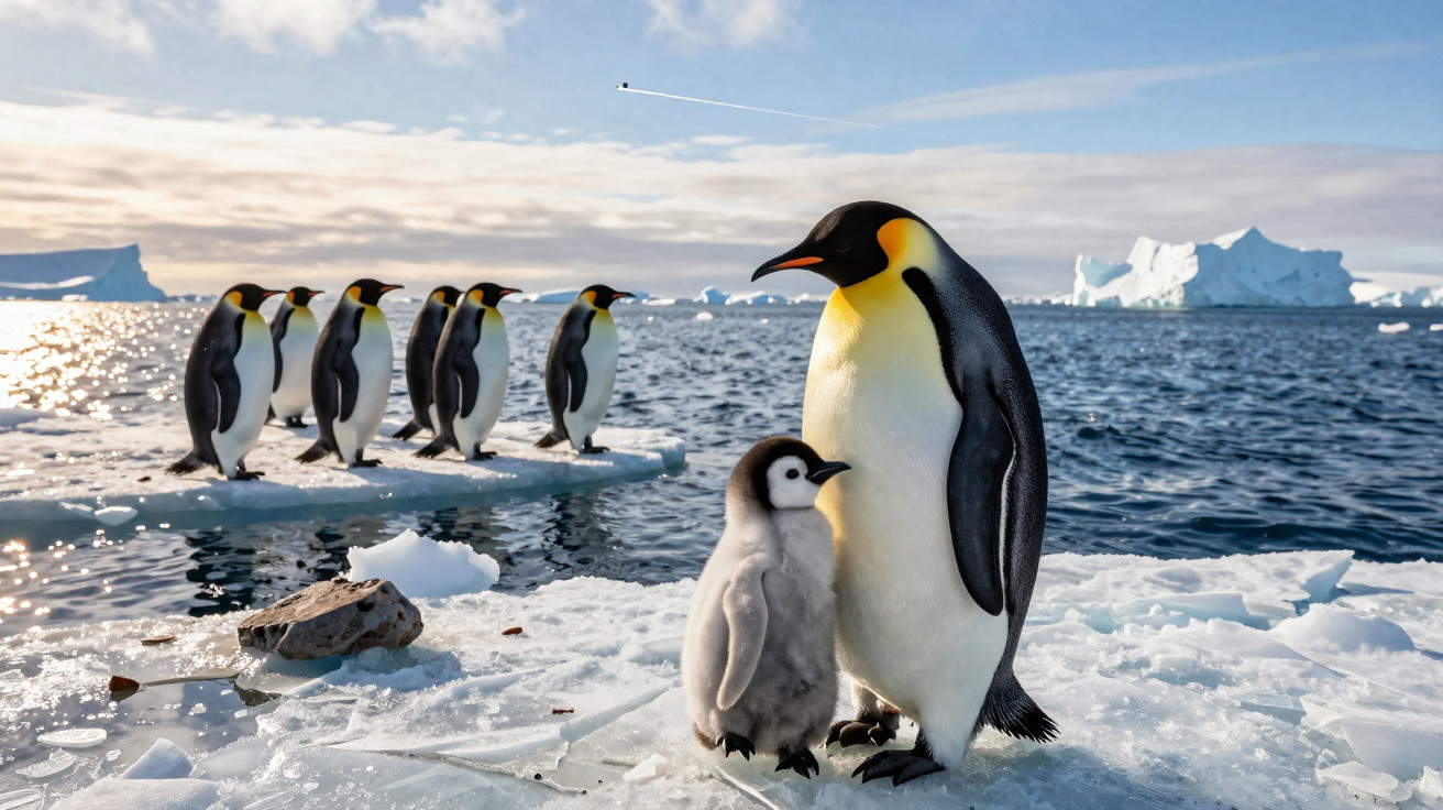 Grupo de pinguins imperadores em plataforma de gelo, com um adulto e filhote em destaque à frente.