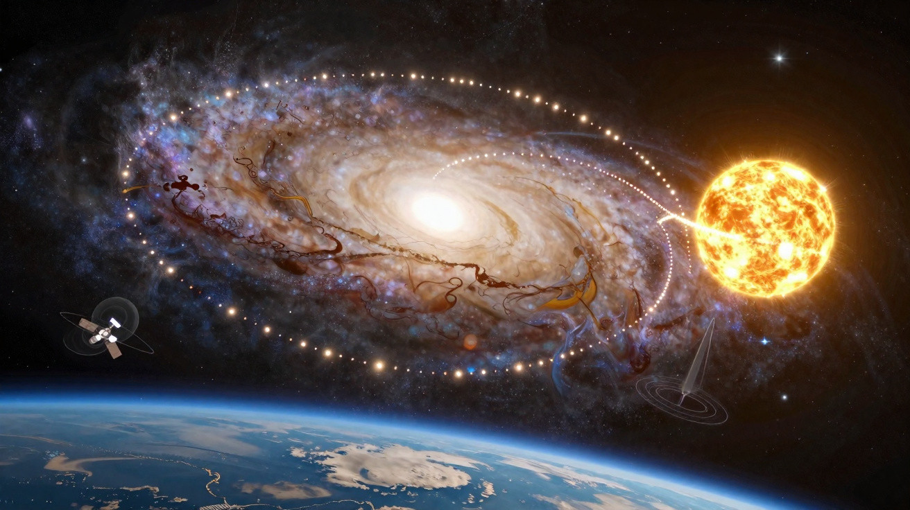 Ilustração da galáxia com uma grande estrela amarela, anéis brilhantes e satélite em órbita da Terra.