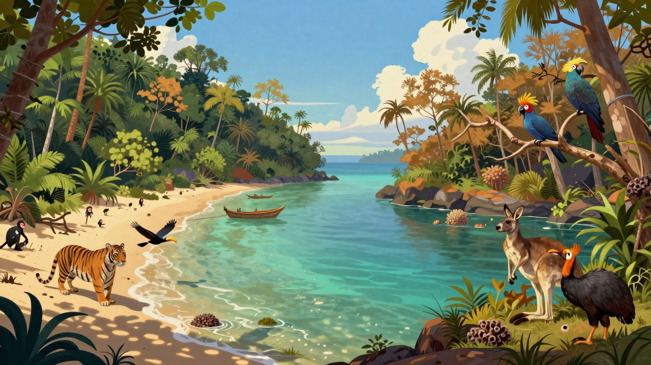 Paisagem tropical com tigre, canguru, pássaros coloridos, vegetação densa e rio azul cristalino.