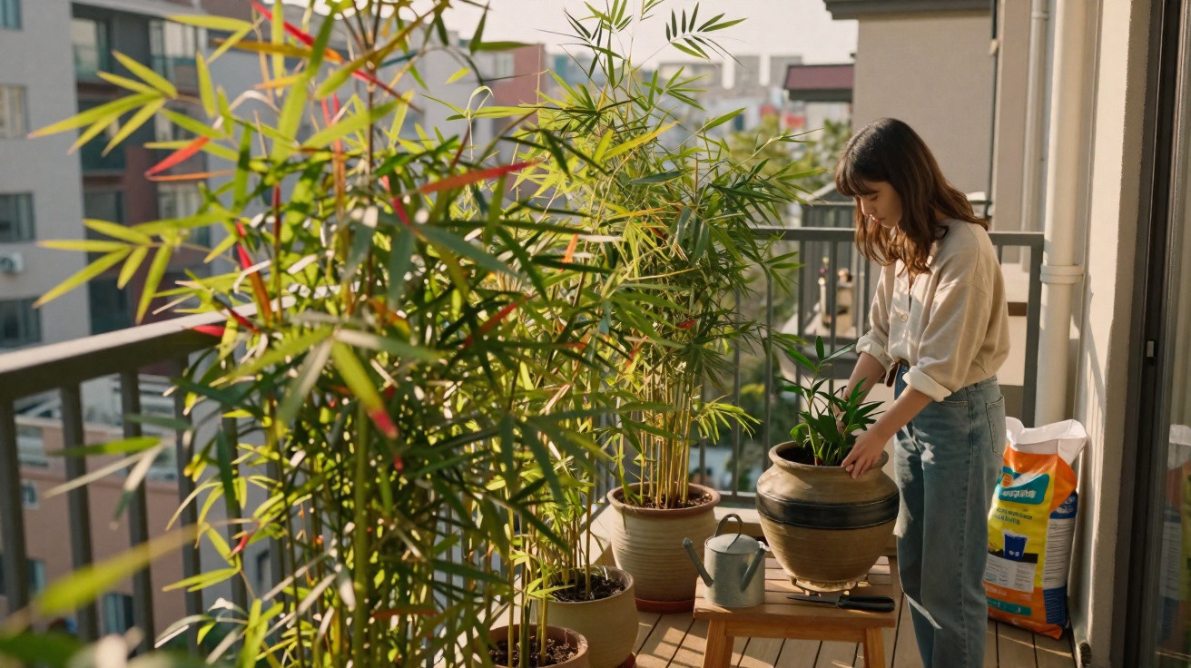 Mulher cuidando de plantas em vasos em sacada de apartamento ao amanhecer.