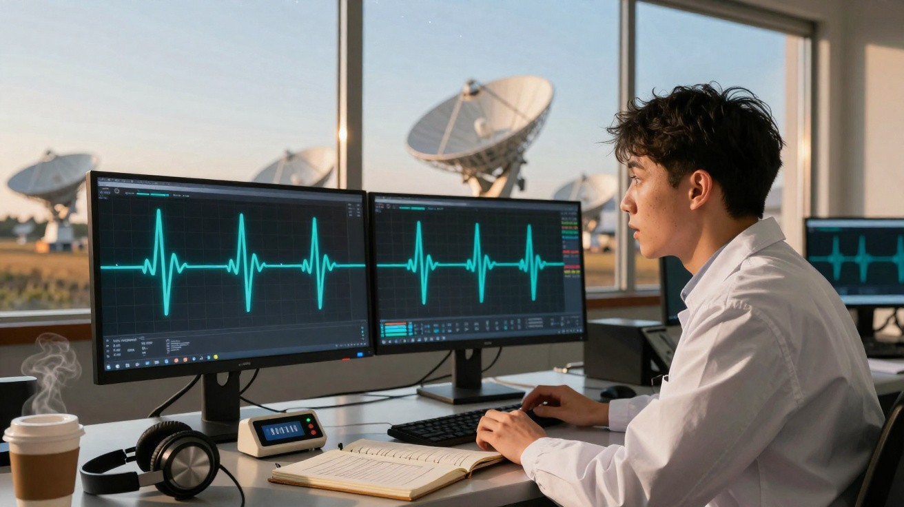Homem em laboratório com monitores mostrando gráficos de batimentos cardíacos, antenas parabólicas ao fundo.