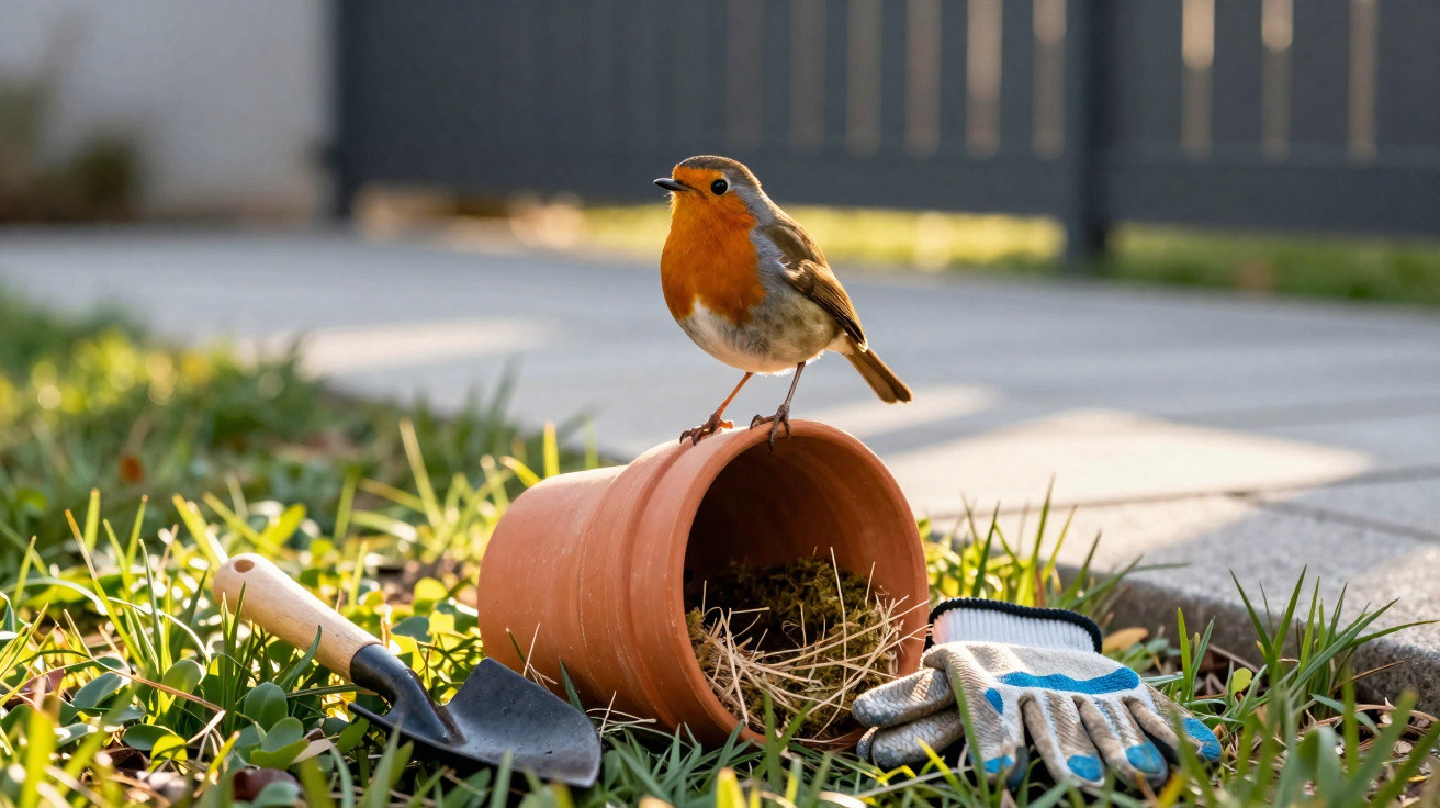 Pássaro de peito laranja pousado em vaso de barro ao lado de pá e luvas de jardinagem na grama.