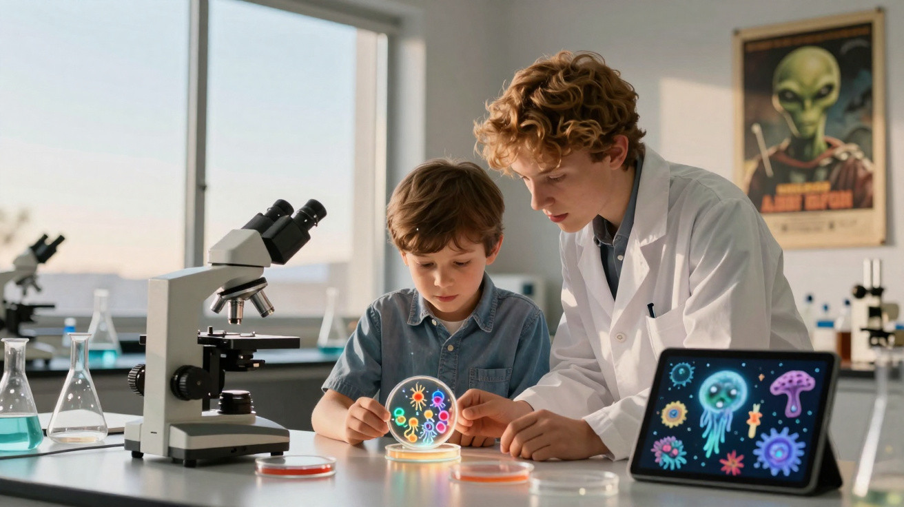Cientista e criança observam criaturas microscópicas em lâmina de laboratório com tablet ao lado.