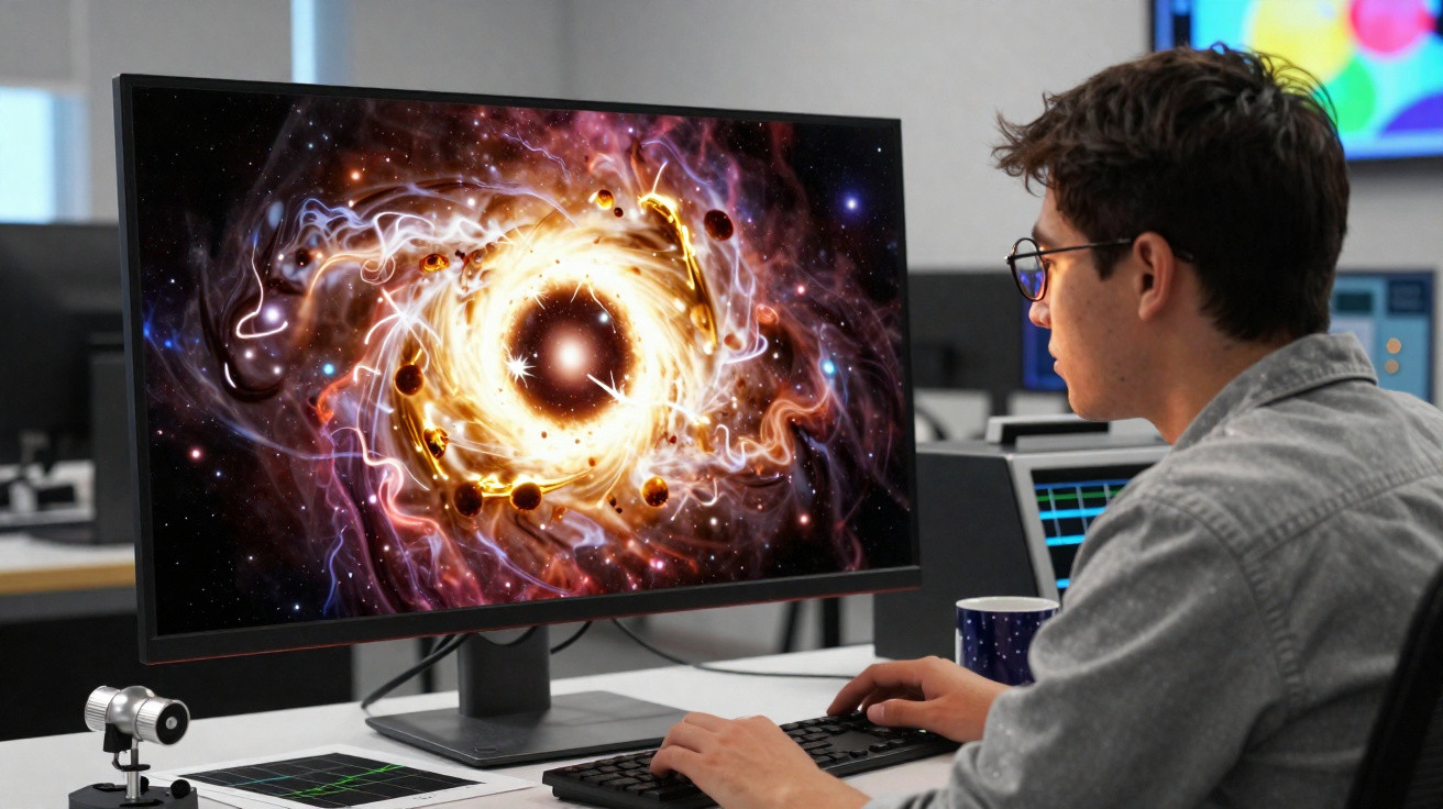 Homem observando imagem colorida e detalhada de buraco negro em monitor na mesa de trabalho.