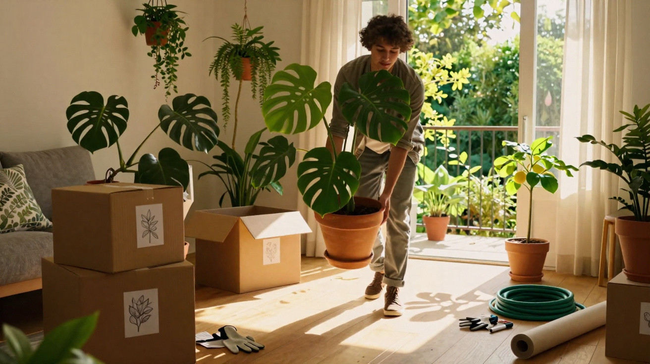 Pessoa organizando plantas em vasos dentro de casa, com caixas de mudança e luz natural entrando pela varanda.