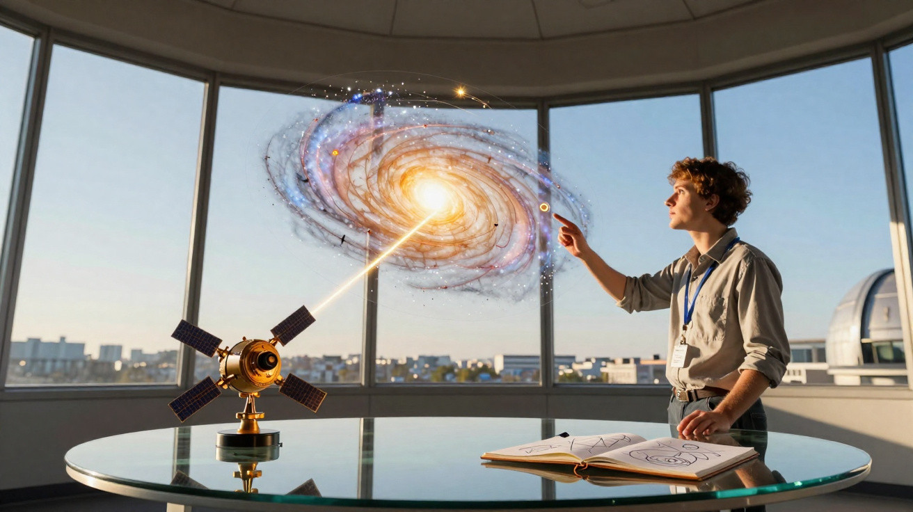 Jovem interage com projeção holográfica de galáxia em mesa com livro aberto e modelo espacial na sala com janelas.