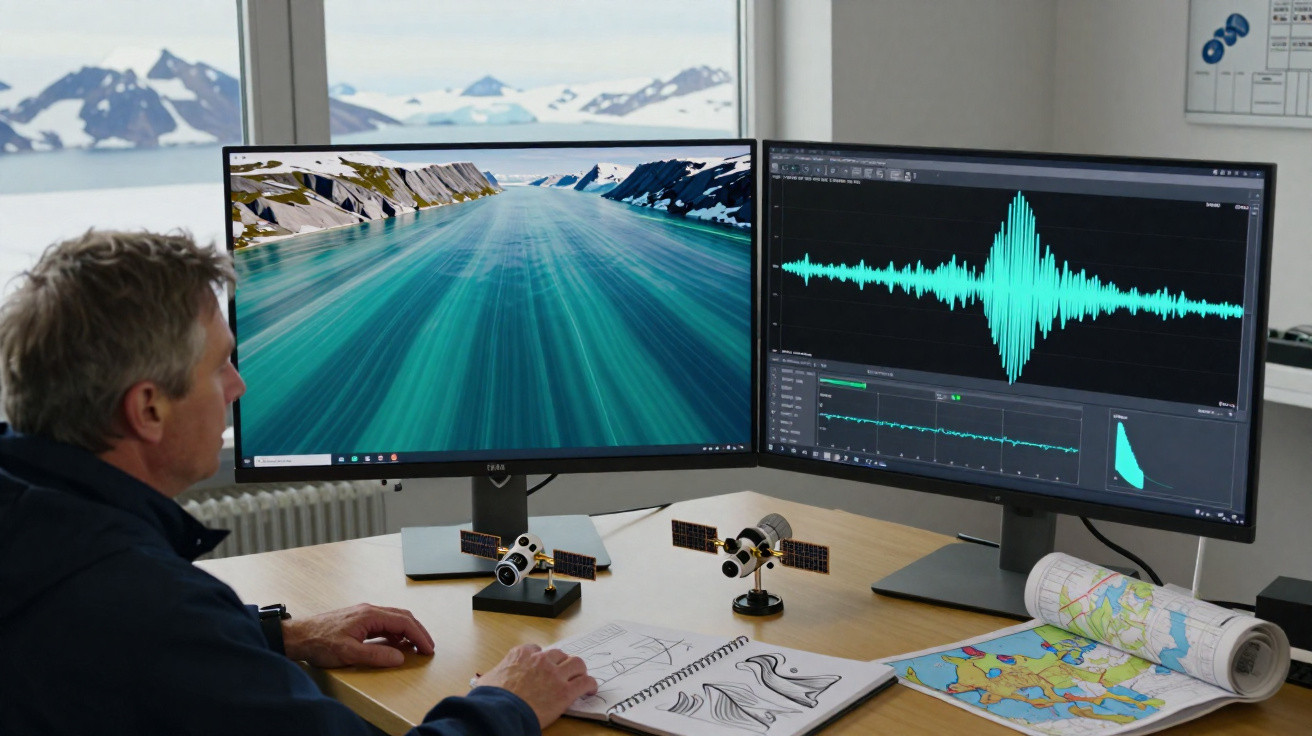 Homem analisando dados sísmicos e mapas em mesa com dois monitores e maquetes de satélites.
