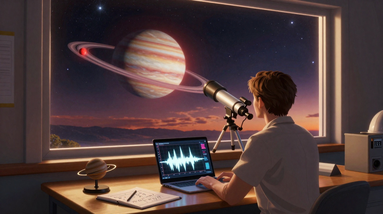 Jovem observa um planeta gigante com anéis por telescópio, usando laptop em ambiente interno com vista para o espaço.