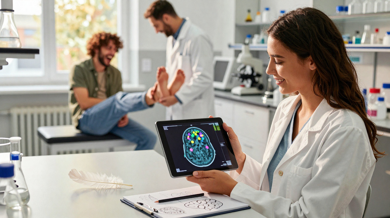 Mulher médica com jaleco mostrando exame cerebral em tablet, homem paciente sorrindo no fundo.