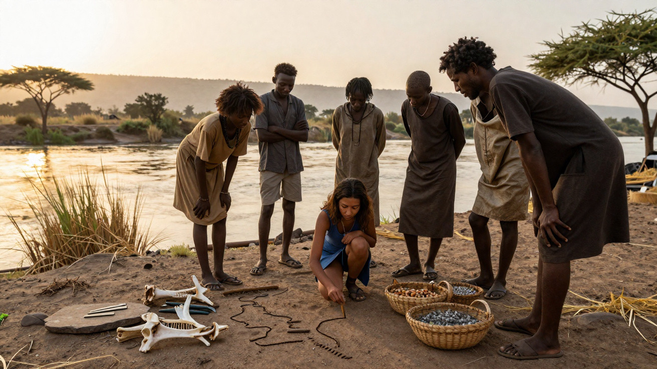 Grupo de pessoas negras observando mulher desenhando símbolos no chão à beira de rio ao pôr do sol.