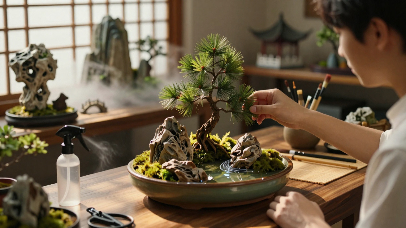 Pessoa cuidando de um bonsai com pedras decorativas em mesa de madeira em ambiente iluminado.