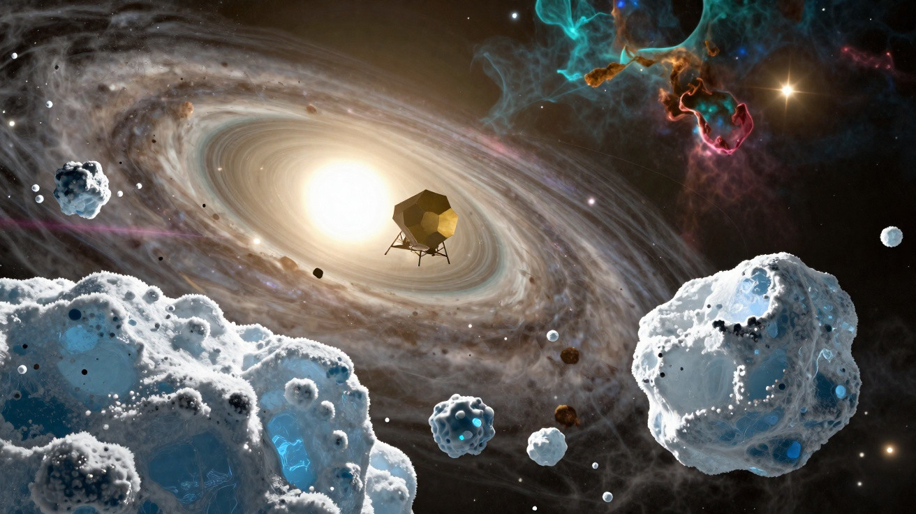 Nave espacial explorando um cinturão de asteroides próximo a uma estrela brilhante no espaço profundo.