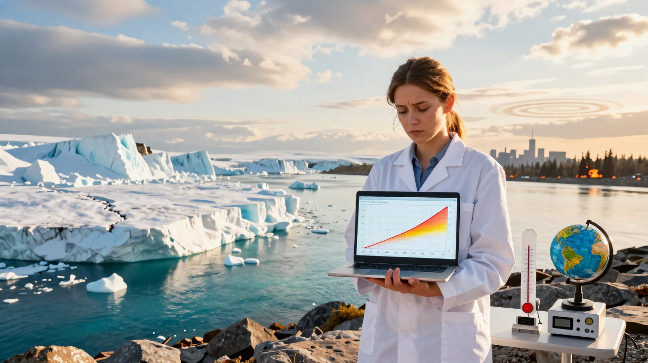 Cientista com jaleco exibe gráfico de aumento de temperaturas diante de geleiras derretendo em área costeira.