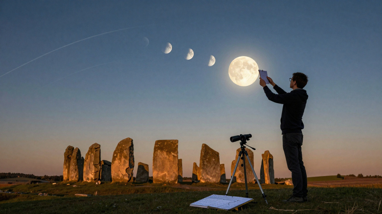 Homem com telescópio fotografa fases da lua sobre pedras antigas ao entardecer.