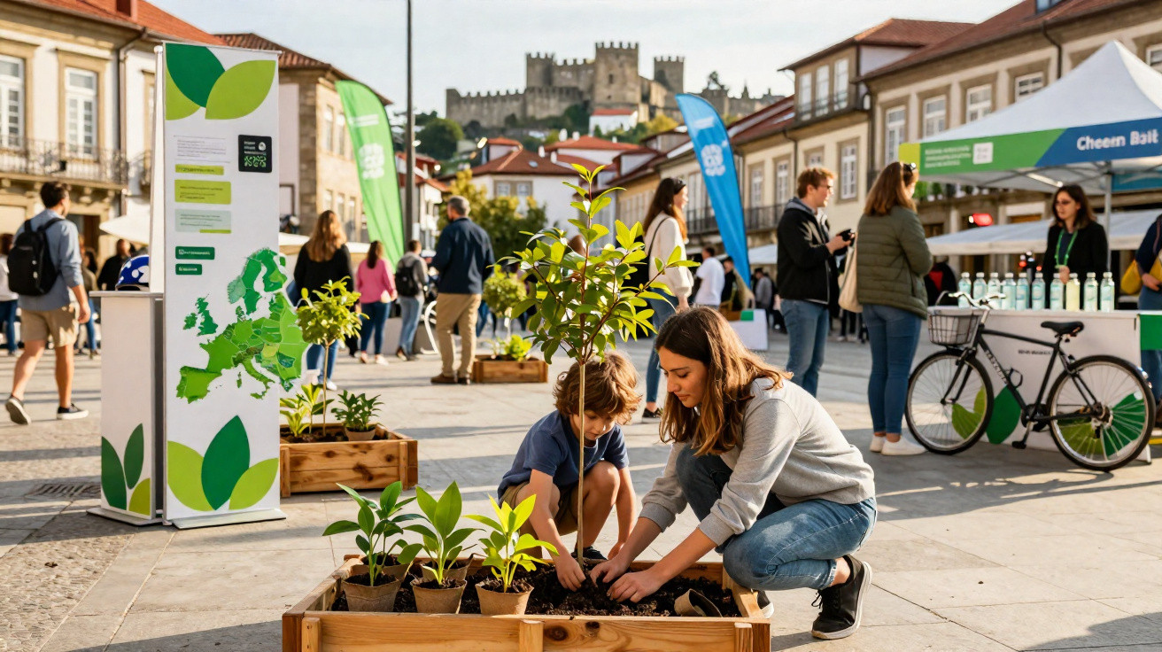 Mulher e menino plantam árvore em caixa de madeira durante evento ao ar livre em praça com pessoas e castelo ao fundo.
