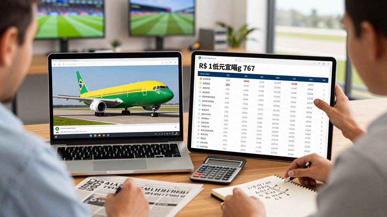 Duas pessoas analisando dados financeiros e imagem de avião com pintura nas cores do Brasil na tela de laptops.