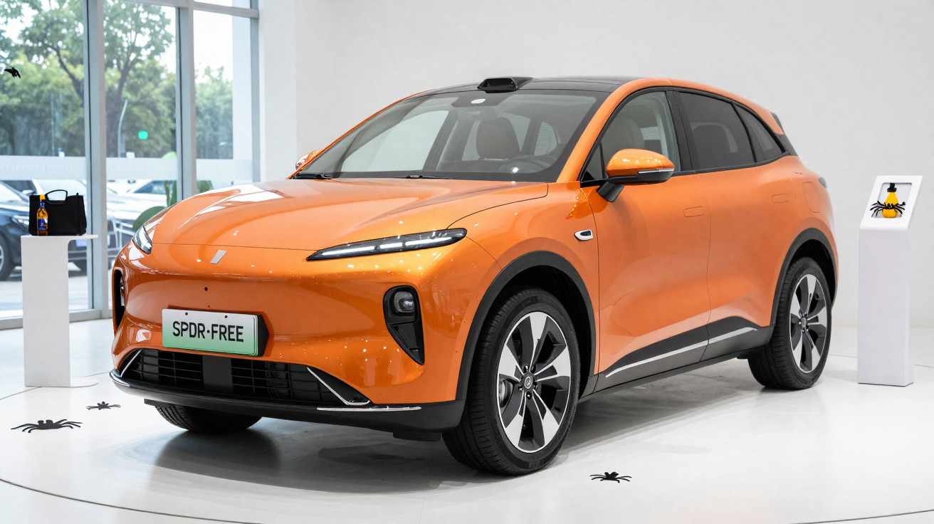 Carro elétrico SUV laranja exibido em ambiente interno com decoração de aranhas pretas no chão.