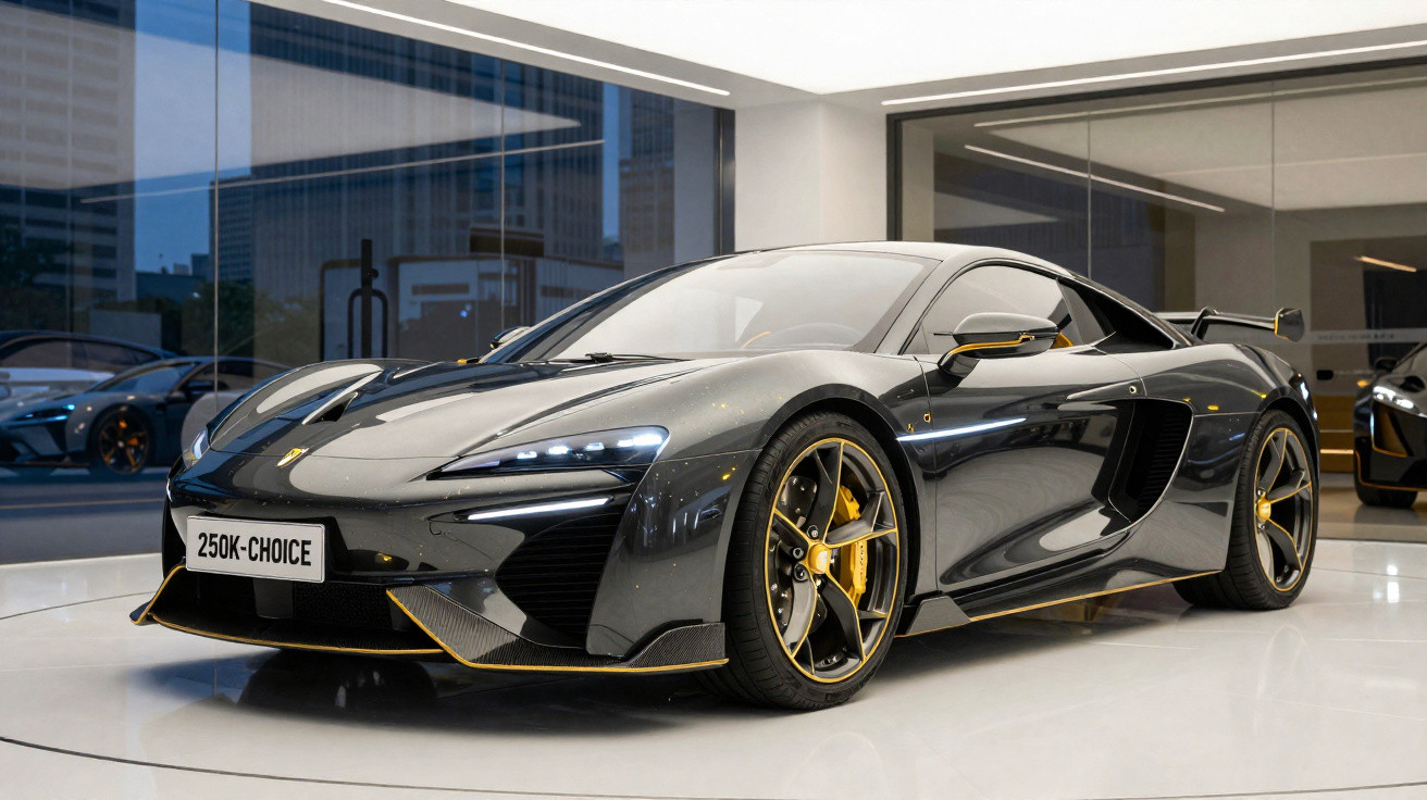 Carro esportivo preto com detalhes dourados exibido em showroom moderno com piso branco.
