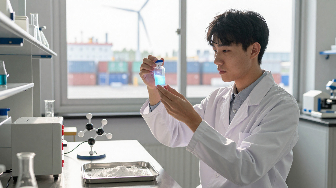 Jovem cientista em laboratório segurando frasco com líquido azul, analisando cuidadosamente.