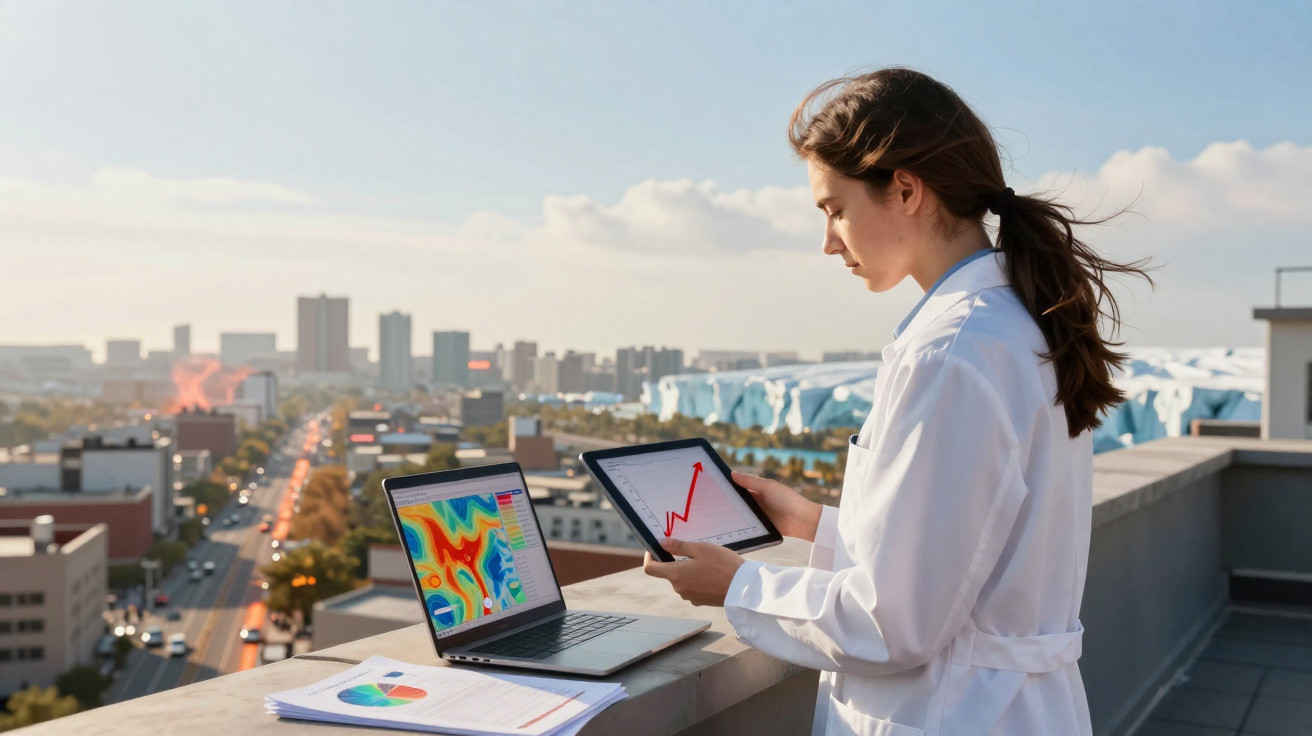 Mulher cientista com jaleco analisando gráficos em tablet e notebook em varanda com vista urbana.